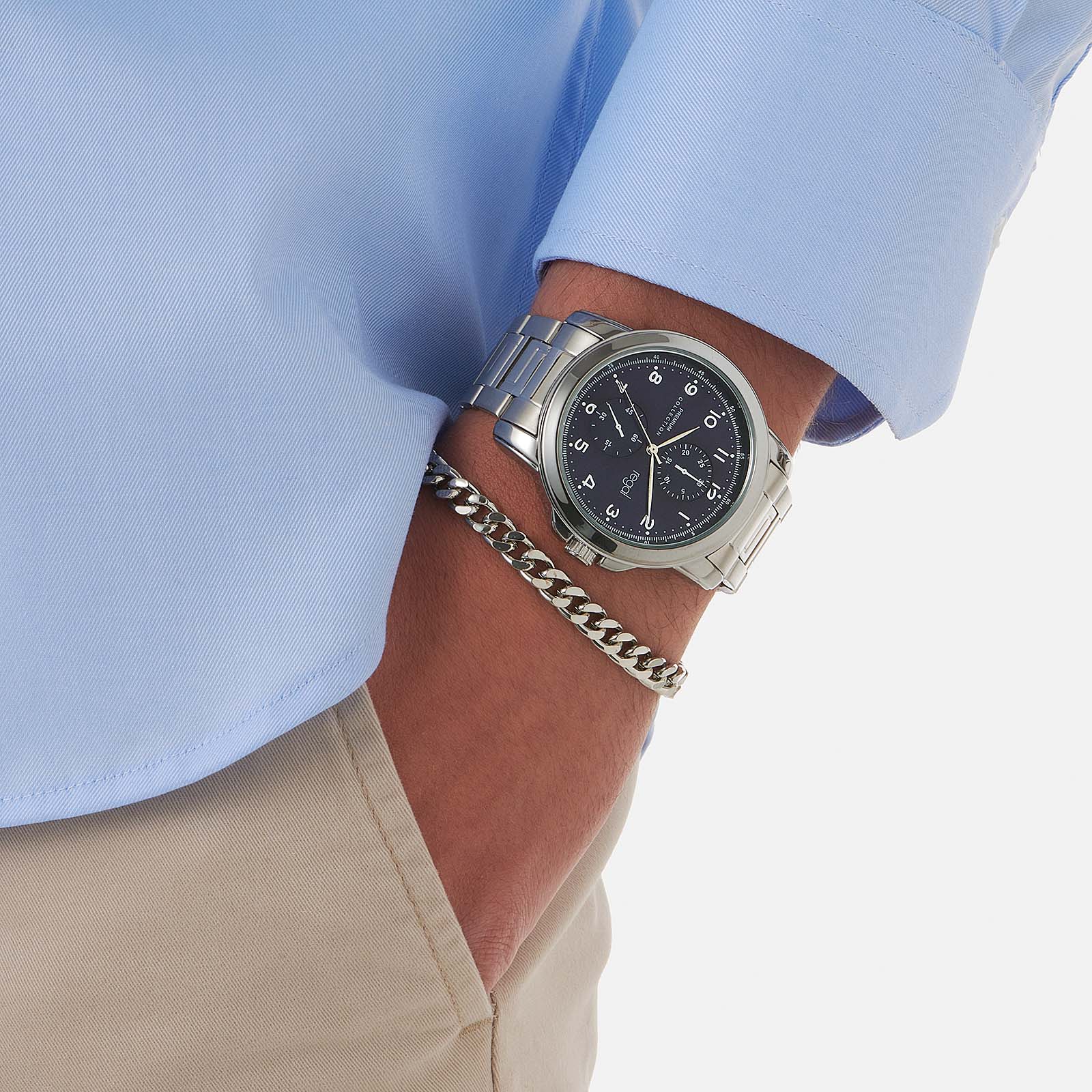 Regal klockset herr, metall, blå/silver - 45 mm