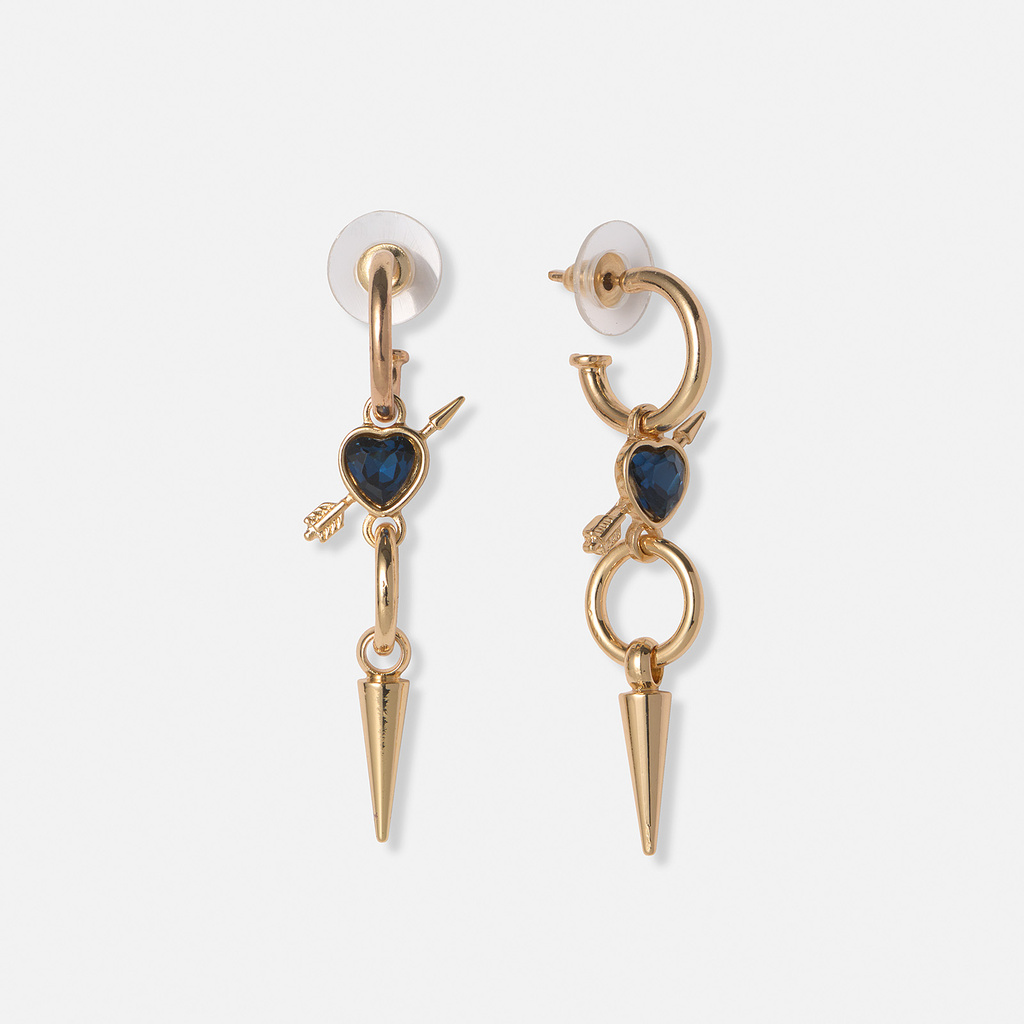 Guldfärgade örhängen, blått hjärta med pil - 50mm