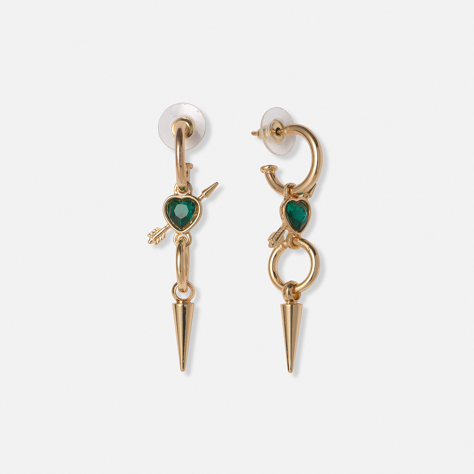 Guldfärgade örhängen, grönt hjärta med pil - 50mm