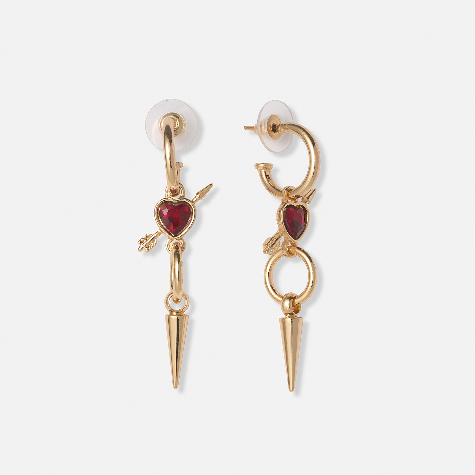 Guldfärgade örhängen, rött hjärta med pil - 50mm