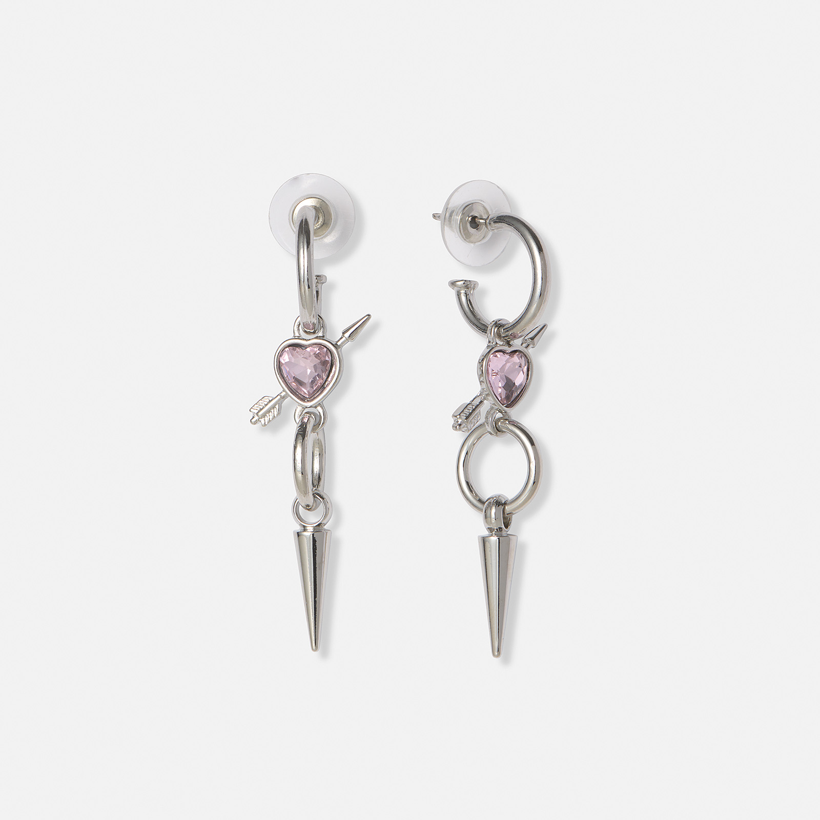 Silverfärgade örhängen, rosa hjärta med pil - 50mm