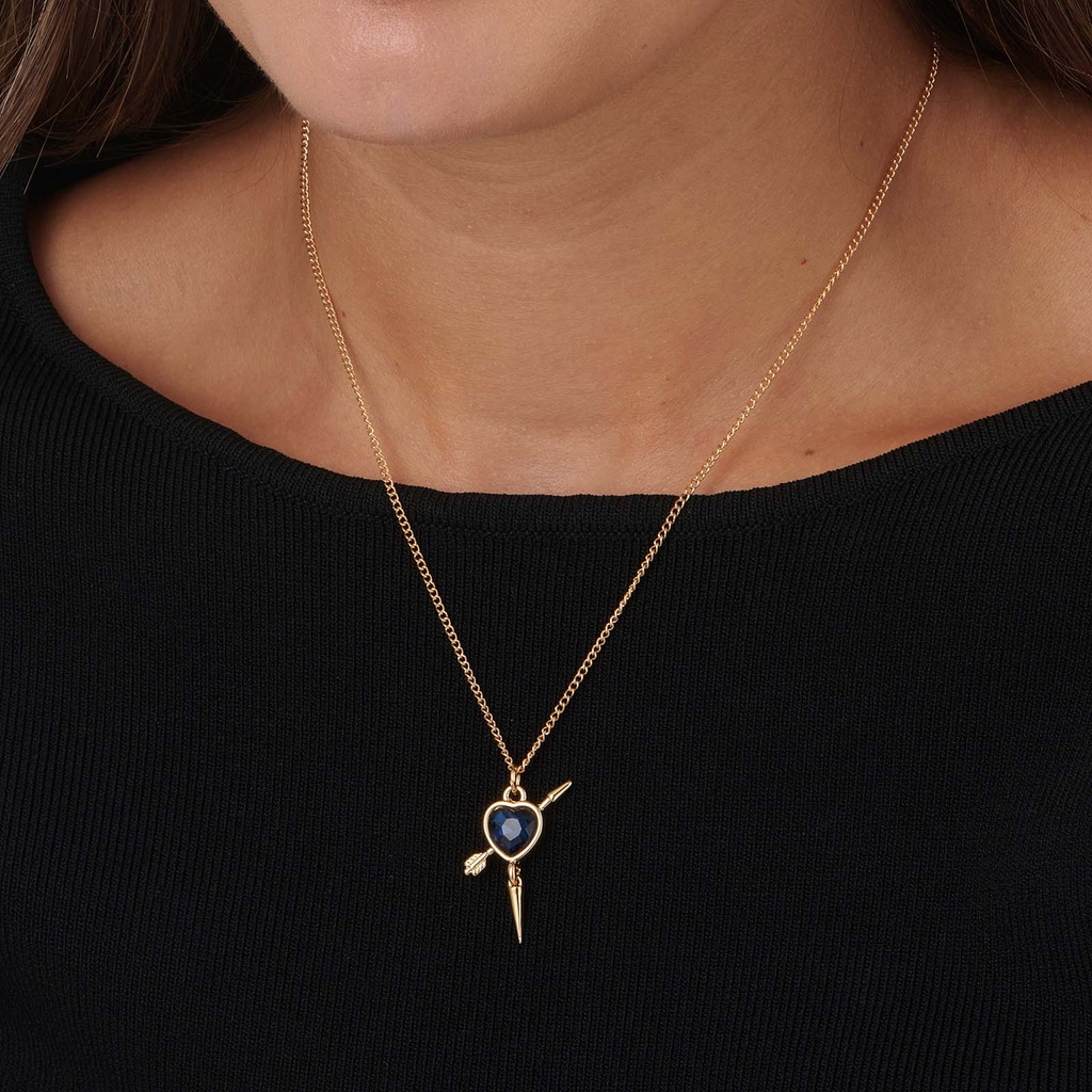 Guldfärgat halsband, blå hjärta med nit - 42+7cm