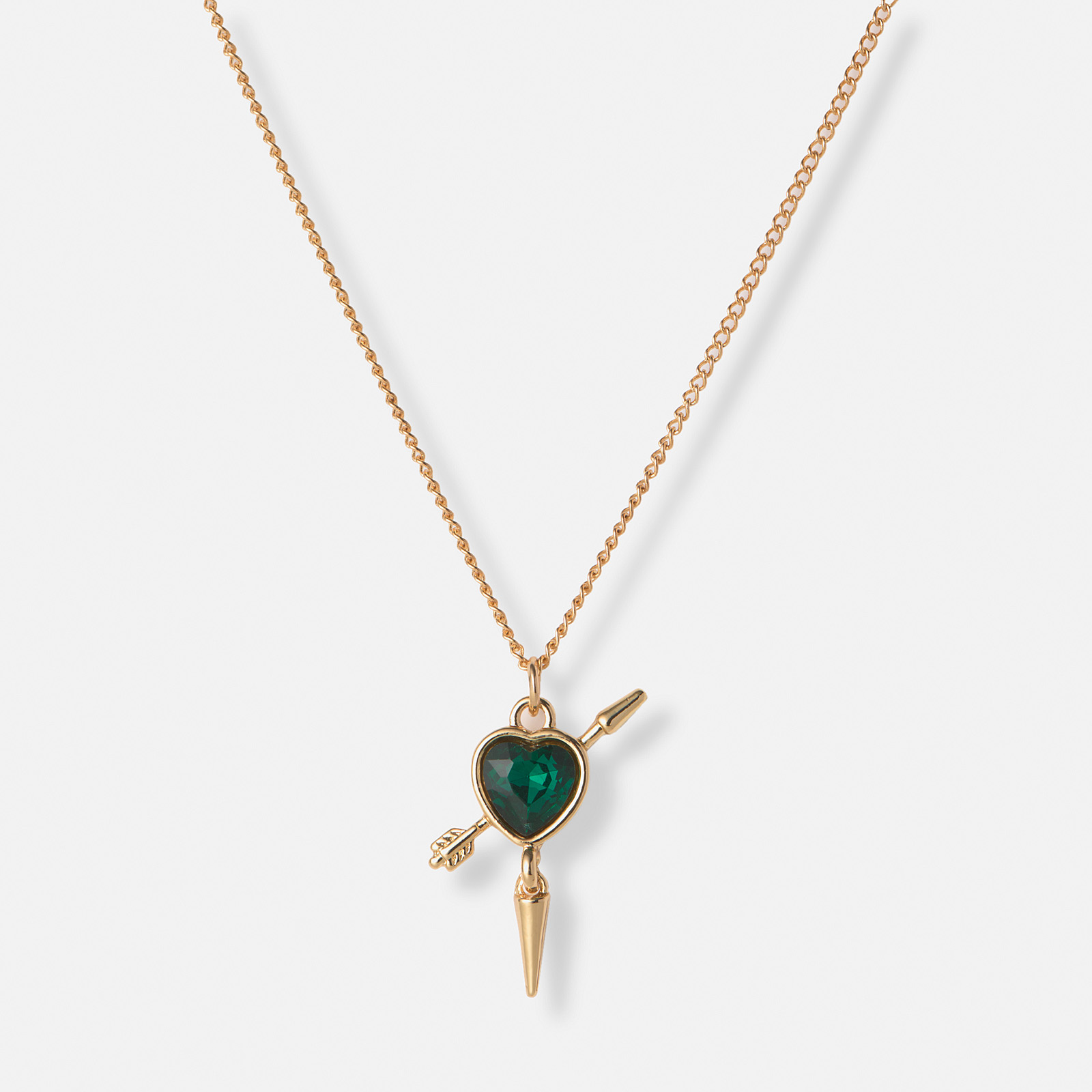 Guldfärgat halsband, grönt hjärta med nit - 42+7cm