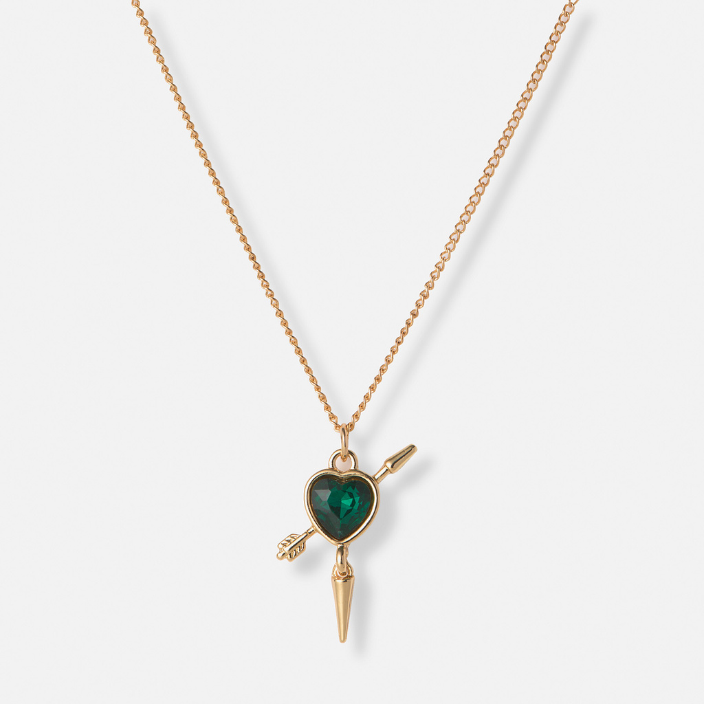 Guldfärgat halsband, grönt hjärta med nit - 42+7cm