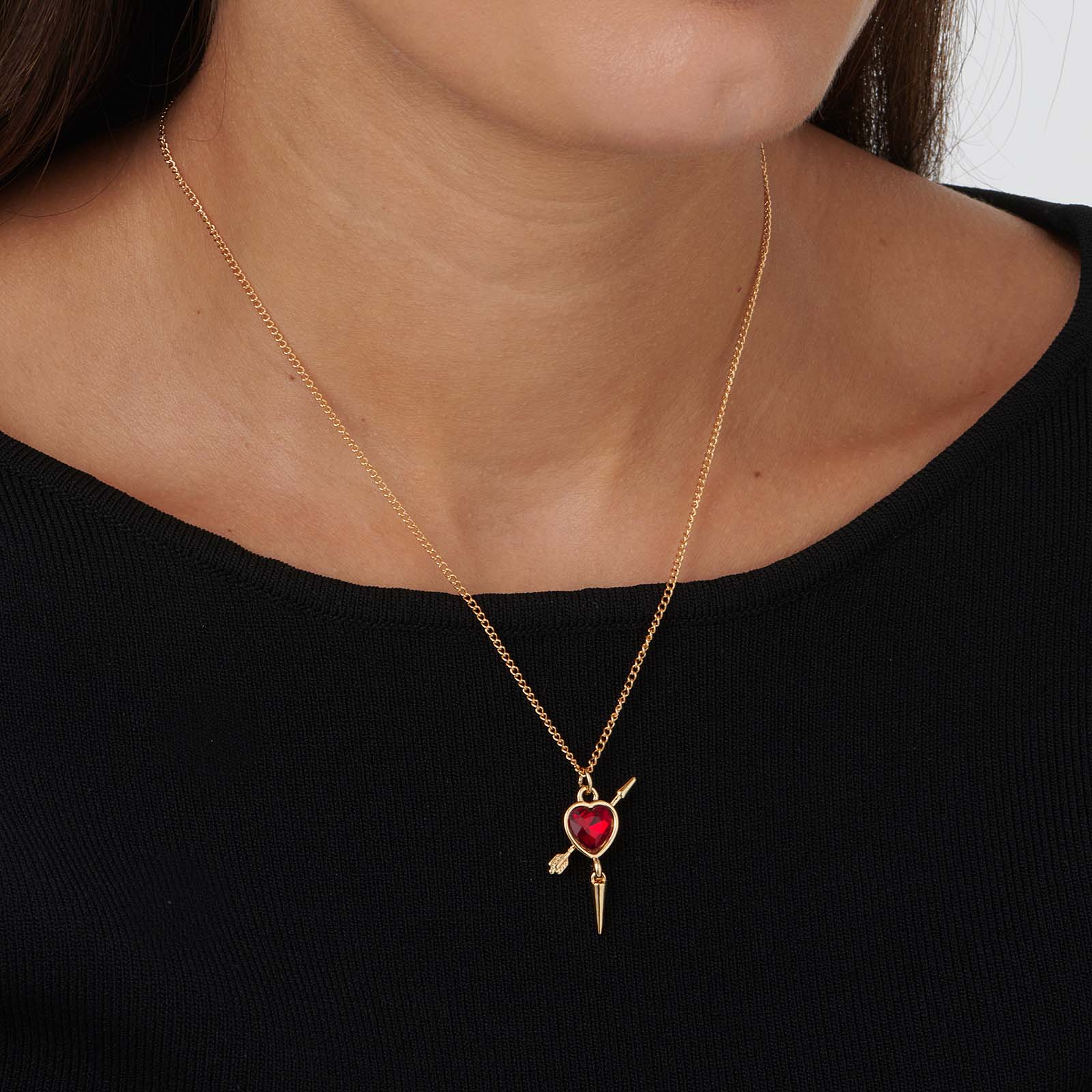 Guldfärgat halsband, rött hjärta med nit - 42+7cm