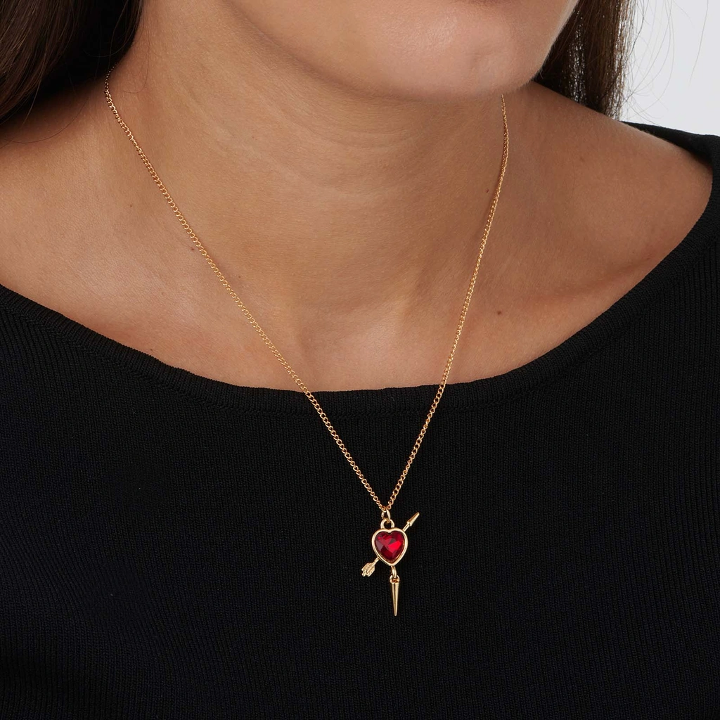 Guldfärgat halsband, rött hjärta med nit - 42+7cm