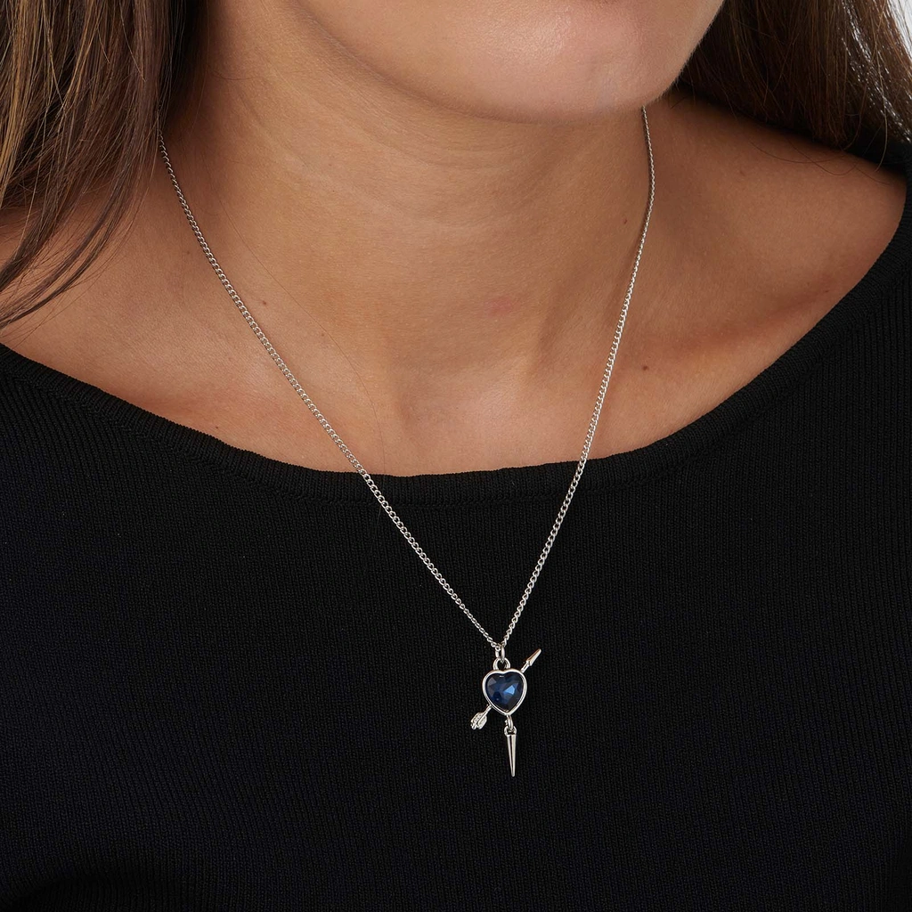 Silverfärgat halsband, blå hjärta med nit - 42+7cm