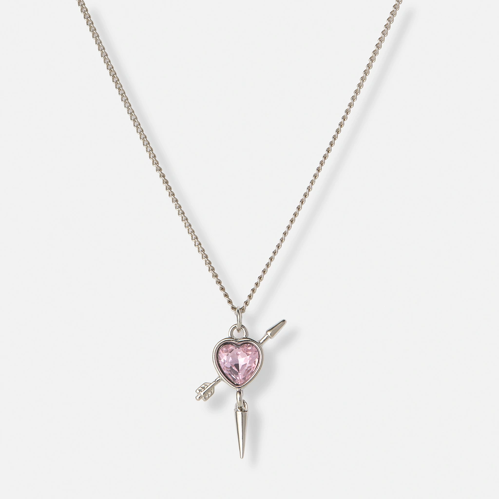 Silverfärgat halsband, rosa hjärta med nit - 42+7cm