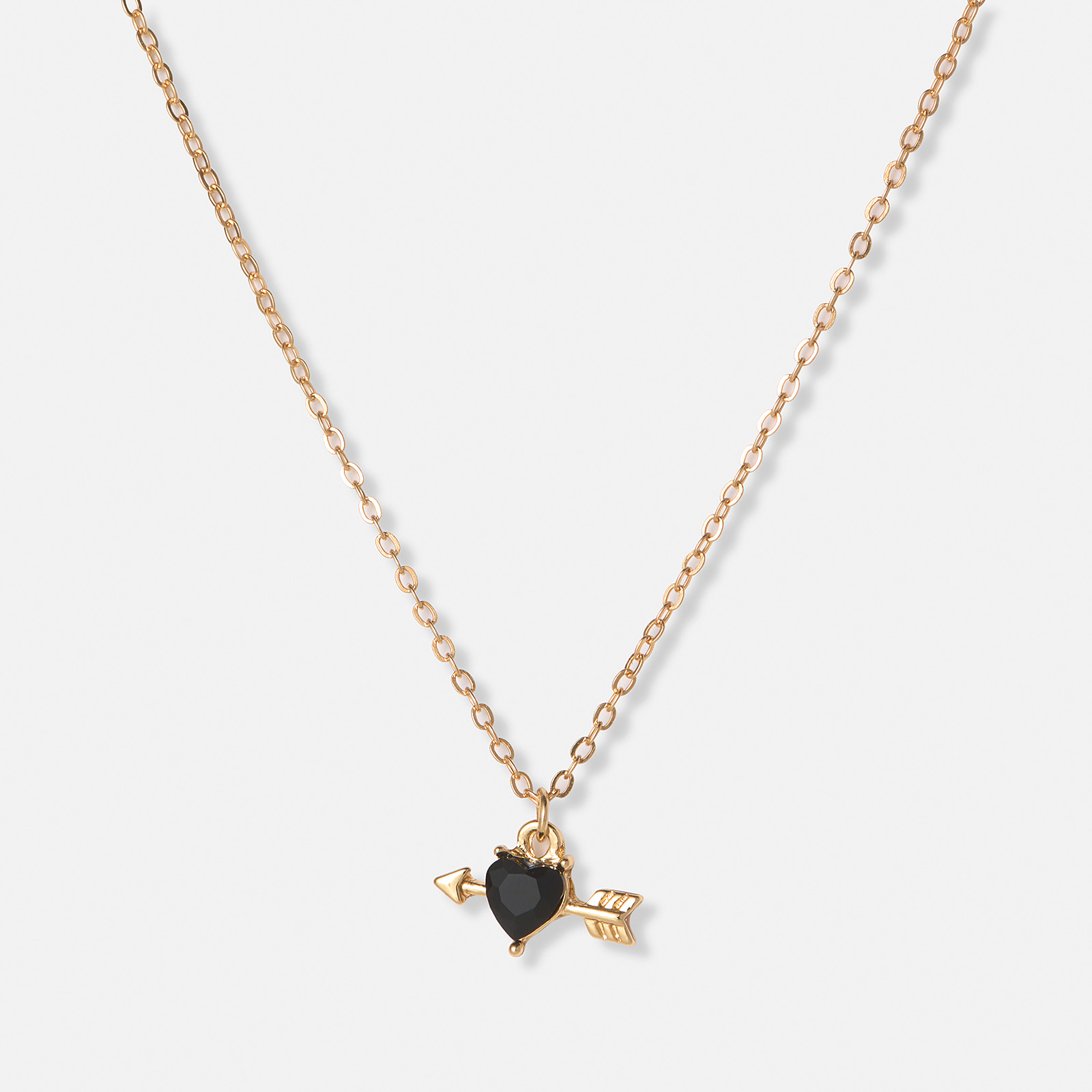 Guldfärgat halsband, svart hjärta med pil - 42+7cm