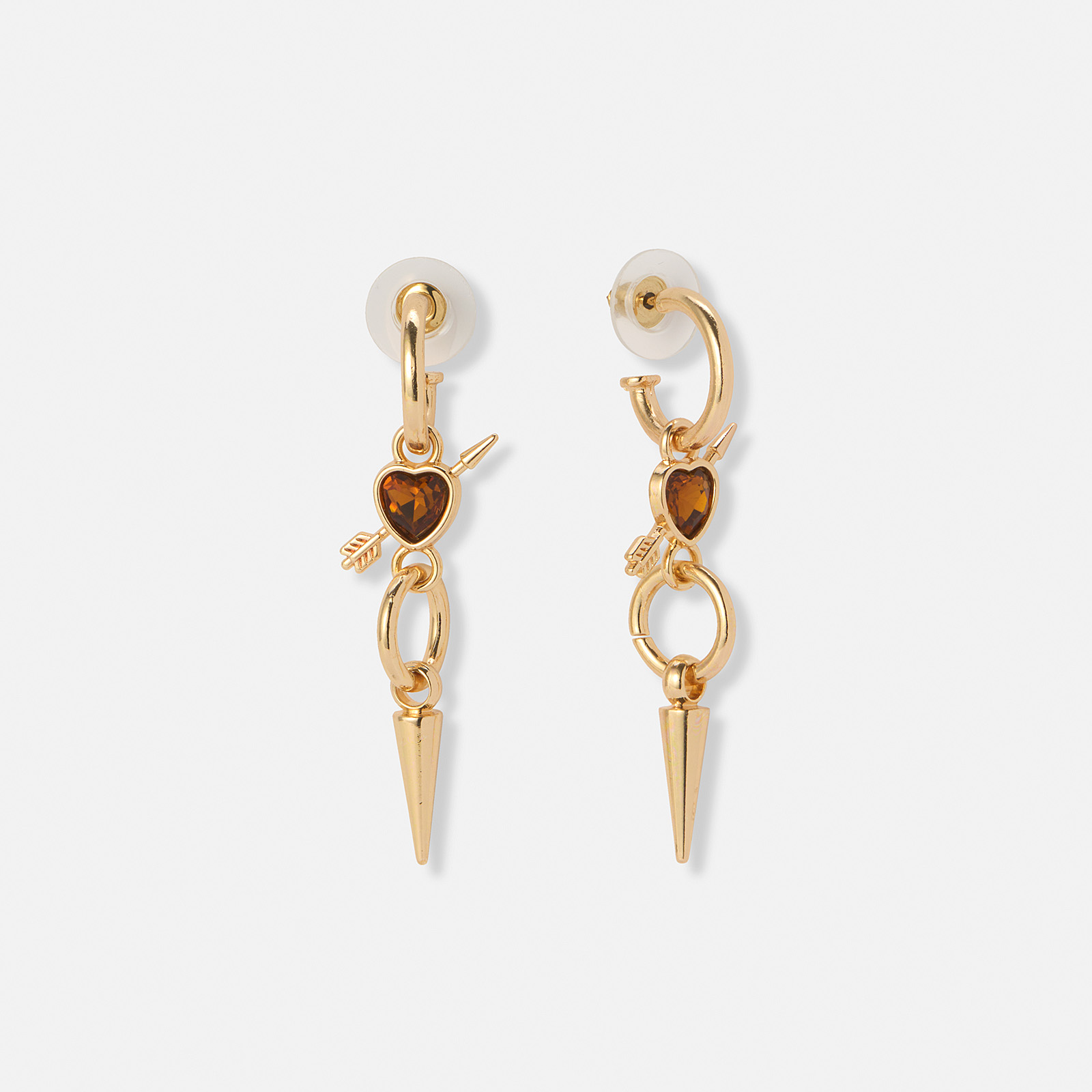 Guldfärgade örhängen, brunt hjärta med pil - 50mm