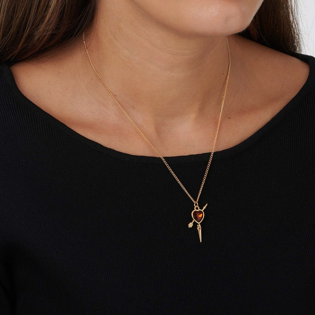 Guldfärgat halsband, brunt hjärta med nit - 42+7cm