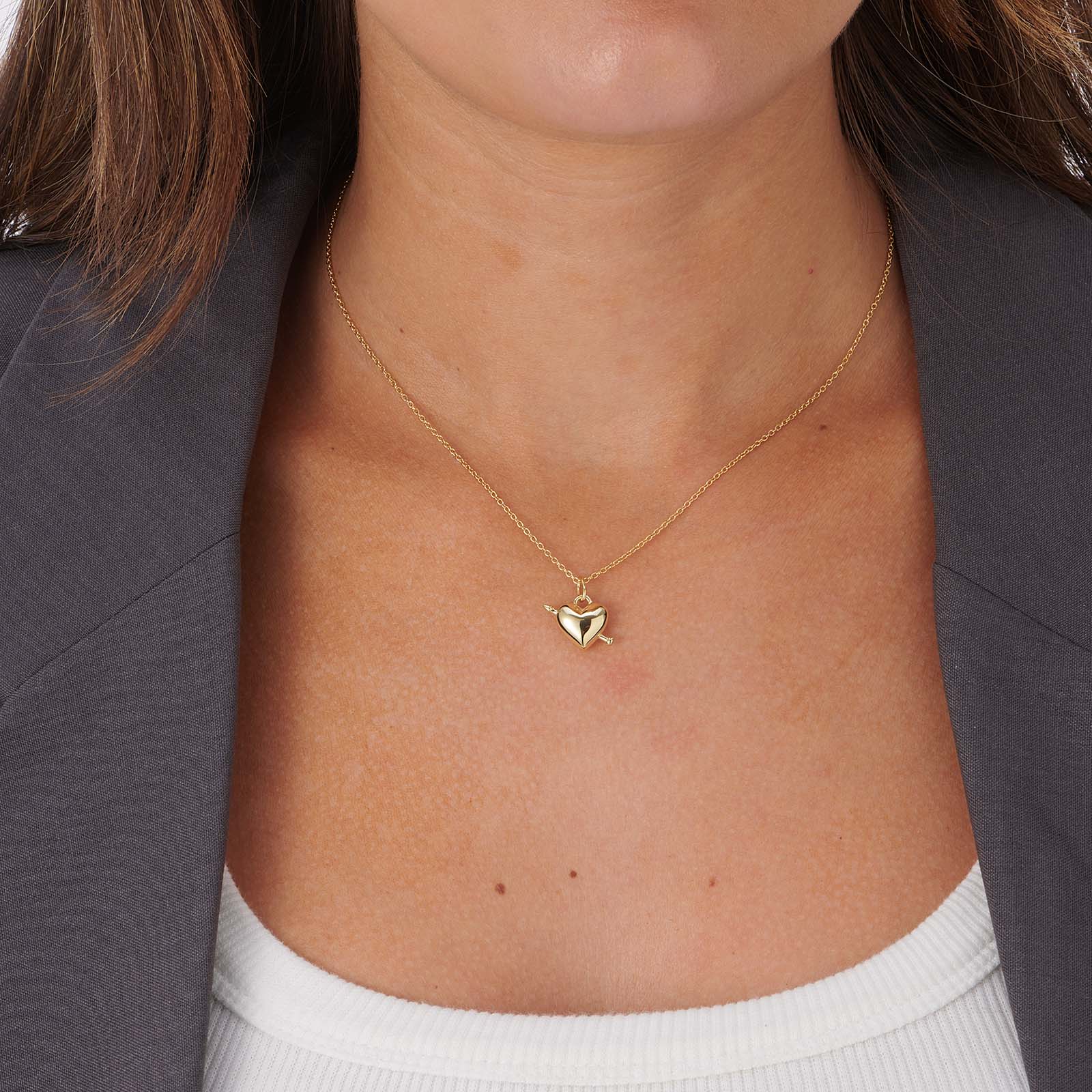 Guldpläterat silverhalsband, 15mm hjärta med pil - 42+3cm