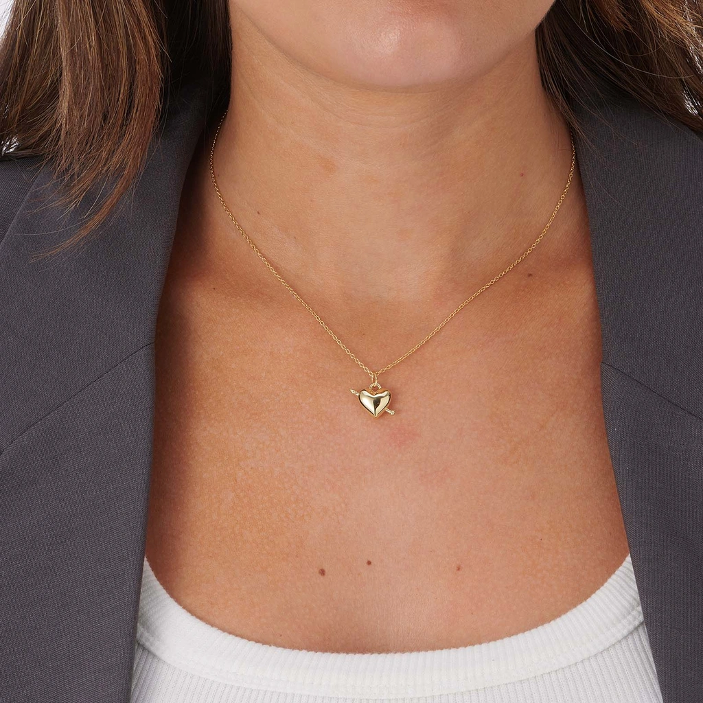 Guldpläterat silverhalsband, 15mm hjärta med pil - 42+3cm