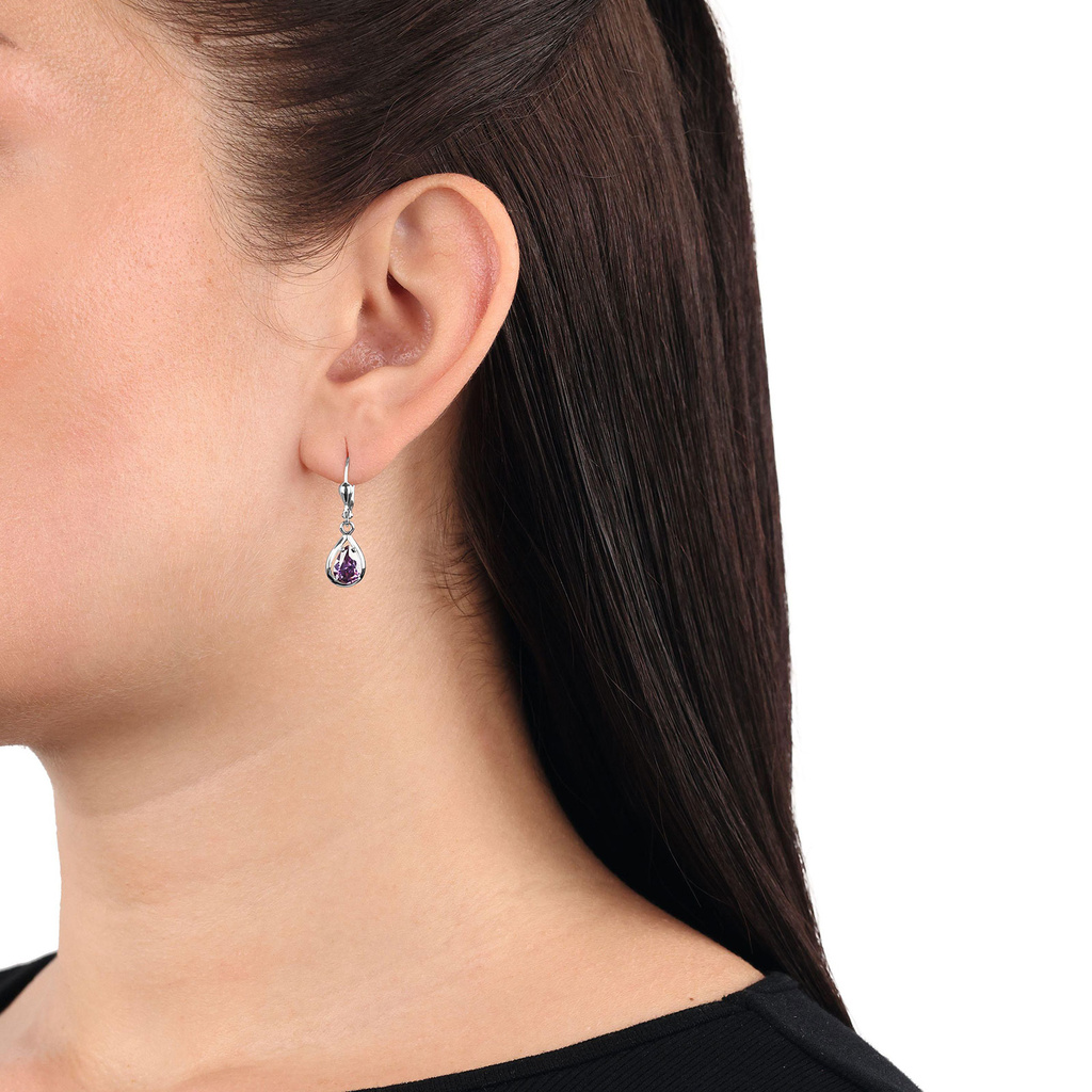 Silverörhängen, hängande droppar med lila stenar - 26 mm