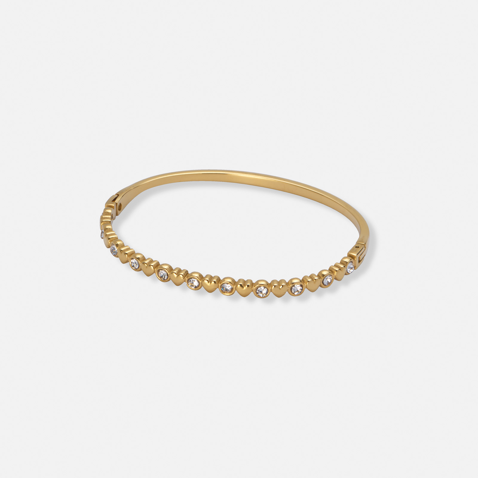 Guldpläterat stålarmband, bangle med hjärtan och stenar