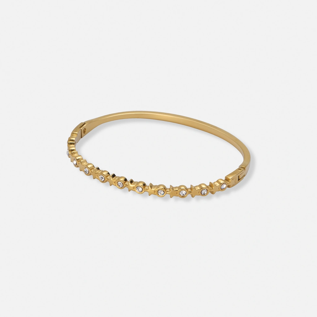 Guldpläterat stålarmband, bangle med stjärnor och stenar