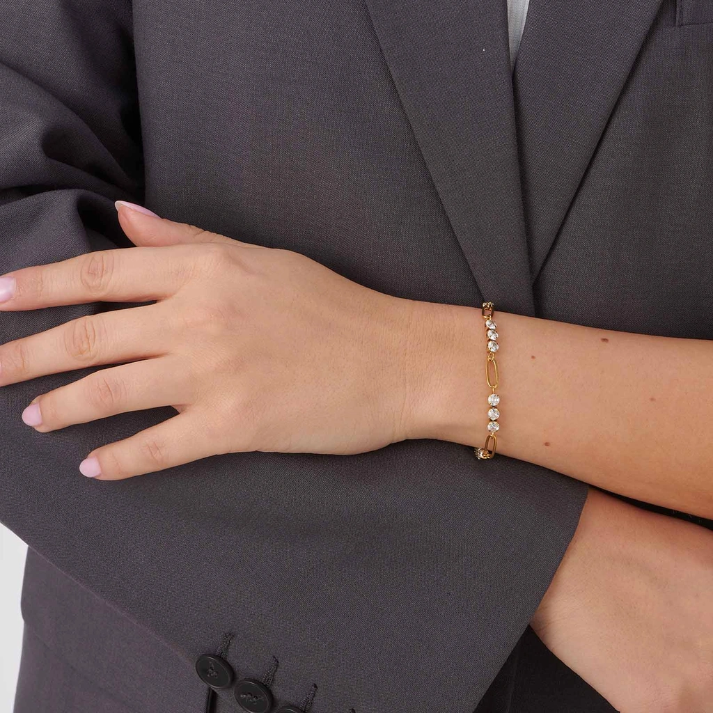 Guldpläterat stålarmband med öglor och Kubisk Zirkonia - 16,5+3cm