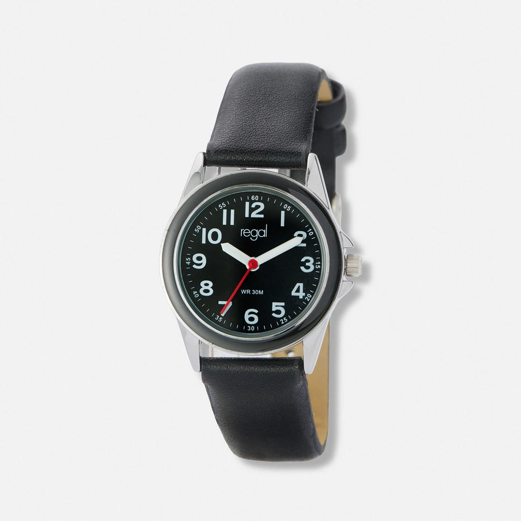 Regal barnklocka, svart tavla & läderband - 29mm