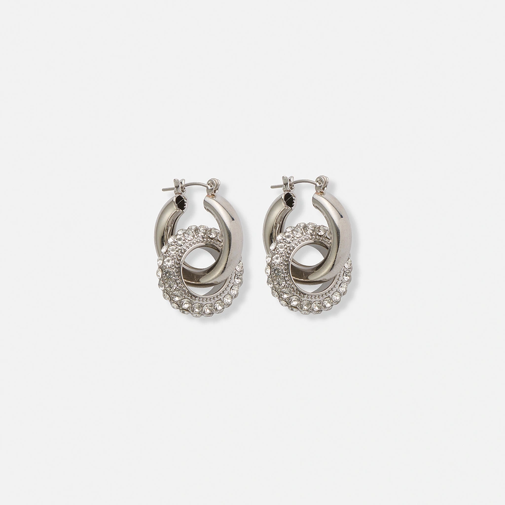 Silverfärgade örhängen, hängande cirklar med glasstenar - 3 cm