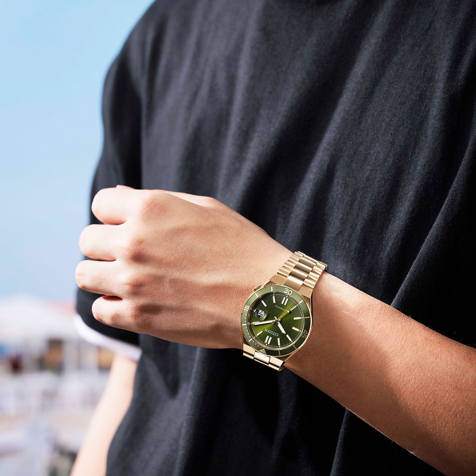 Citizen Automatic Grön/Guld, Stållänk - NJ0232-53X