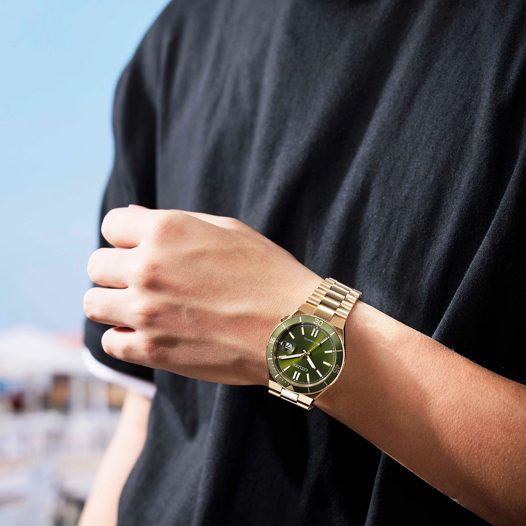 Citizen Automatic Grön/Guld, Stållänk - NJ0232-53X