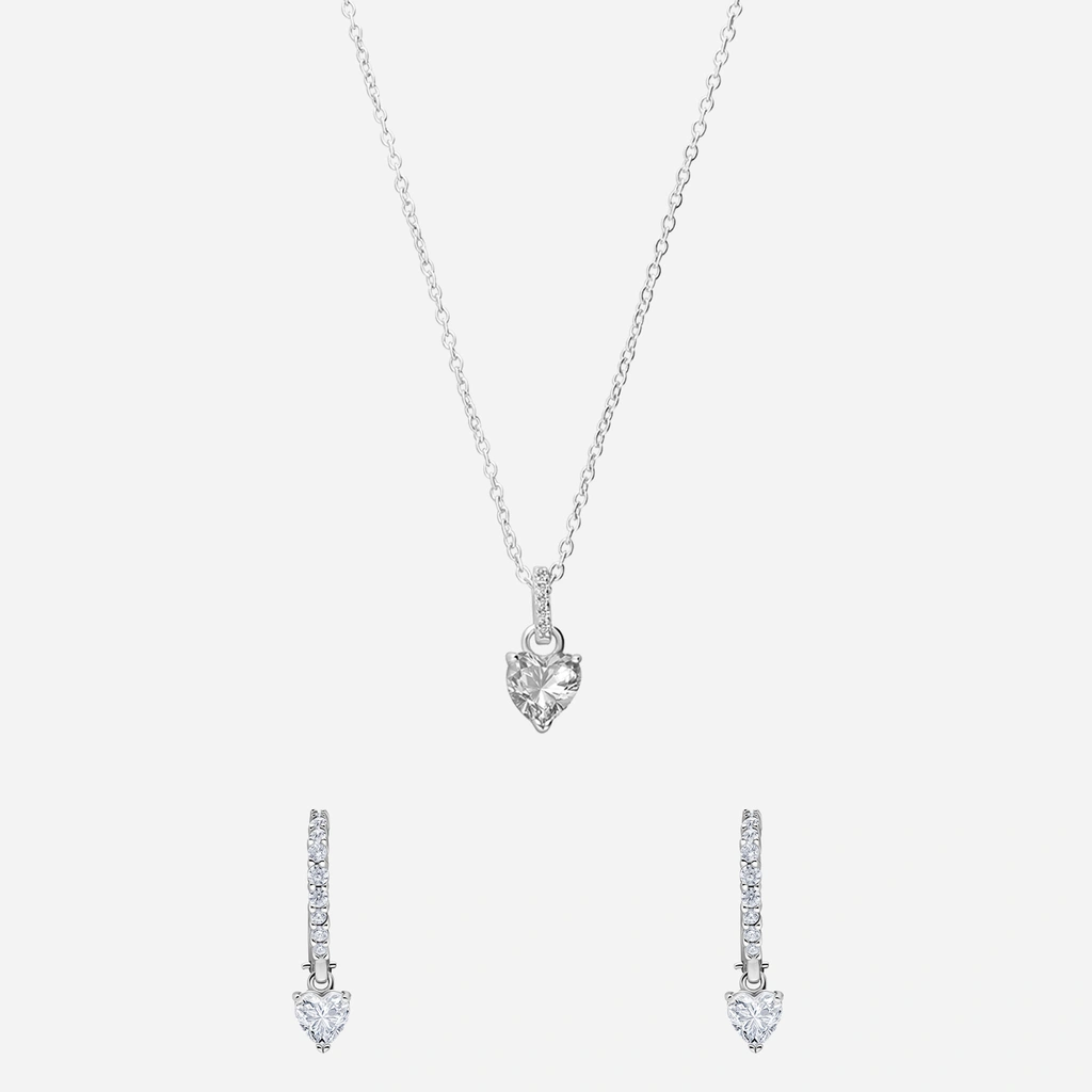 Set i rhodinerat silver, halsband och örhängen med hjärtan