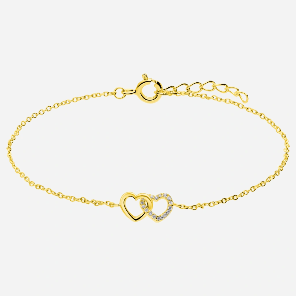 Guldpläterat silverarmband med sammanlänkade hjärtan - 16+2 cm.