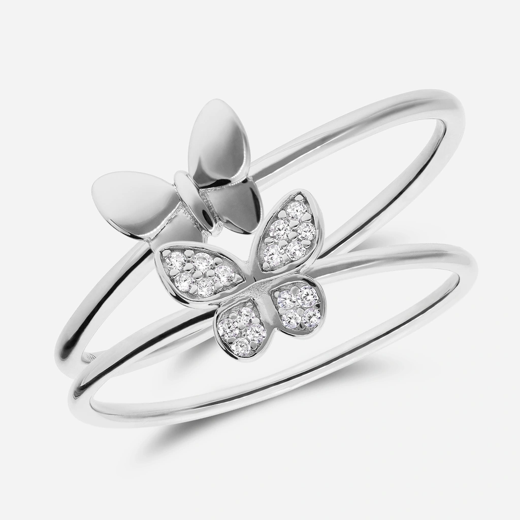 Ring i rhodinerat silver - 2-i-1 med fjäril och Kubisk Zirkonia 15,5