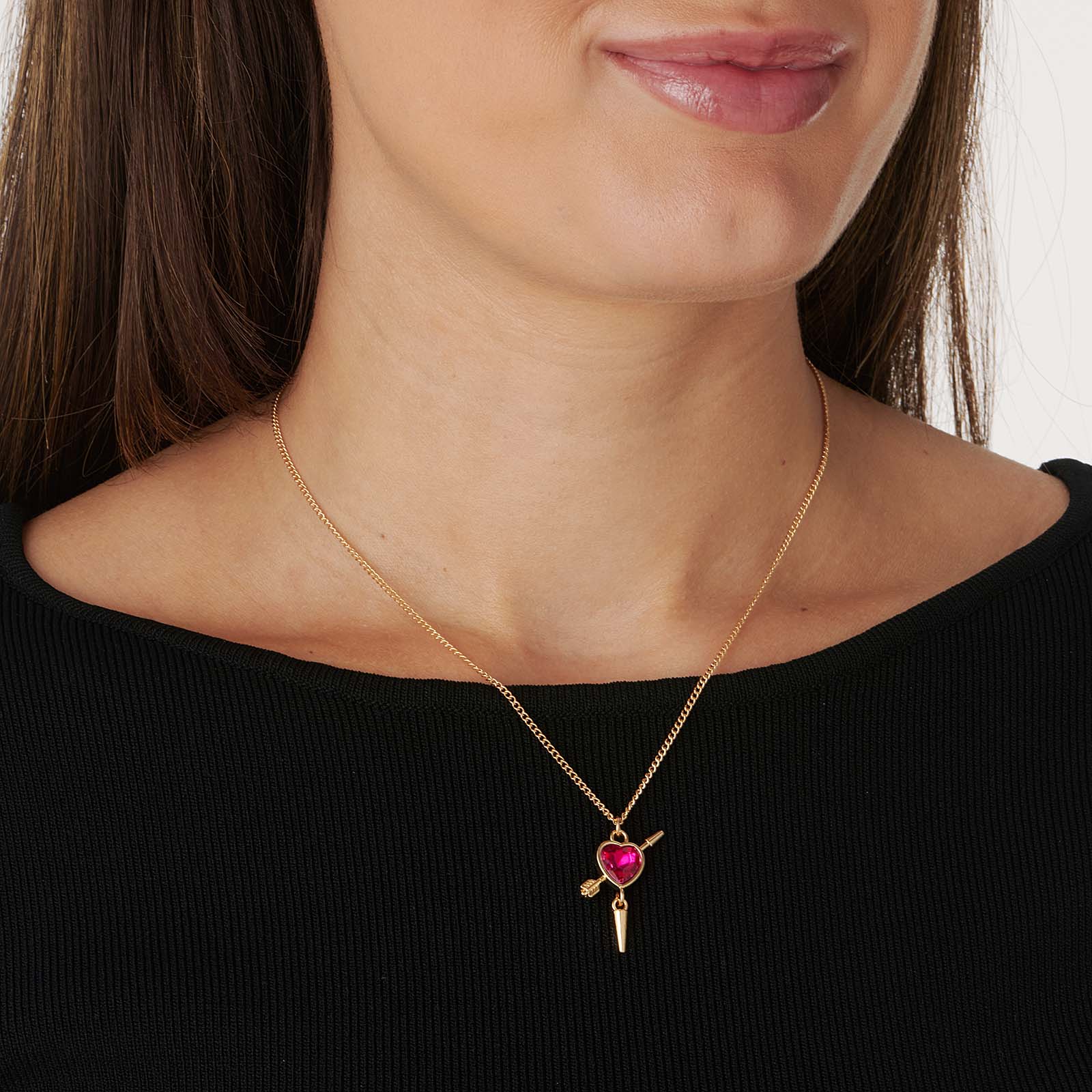 Guldfärgat halsband, fuchsia hjärta med nit - 42+7cm