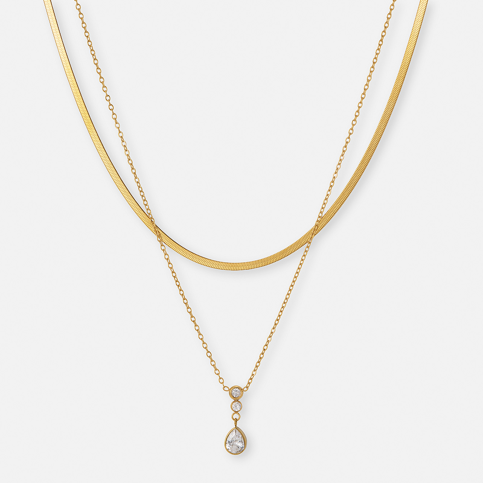 Halsband i guldpläterat stål - dubbla kedjor med Kubisk Zirkonia, 40/45+5cm
