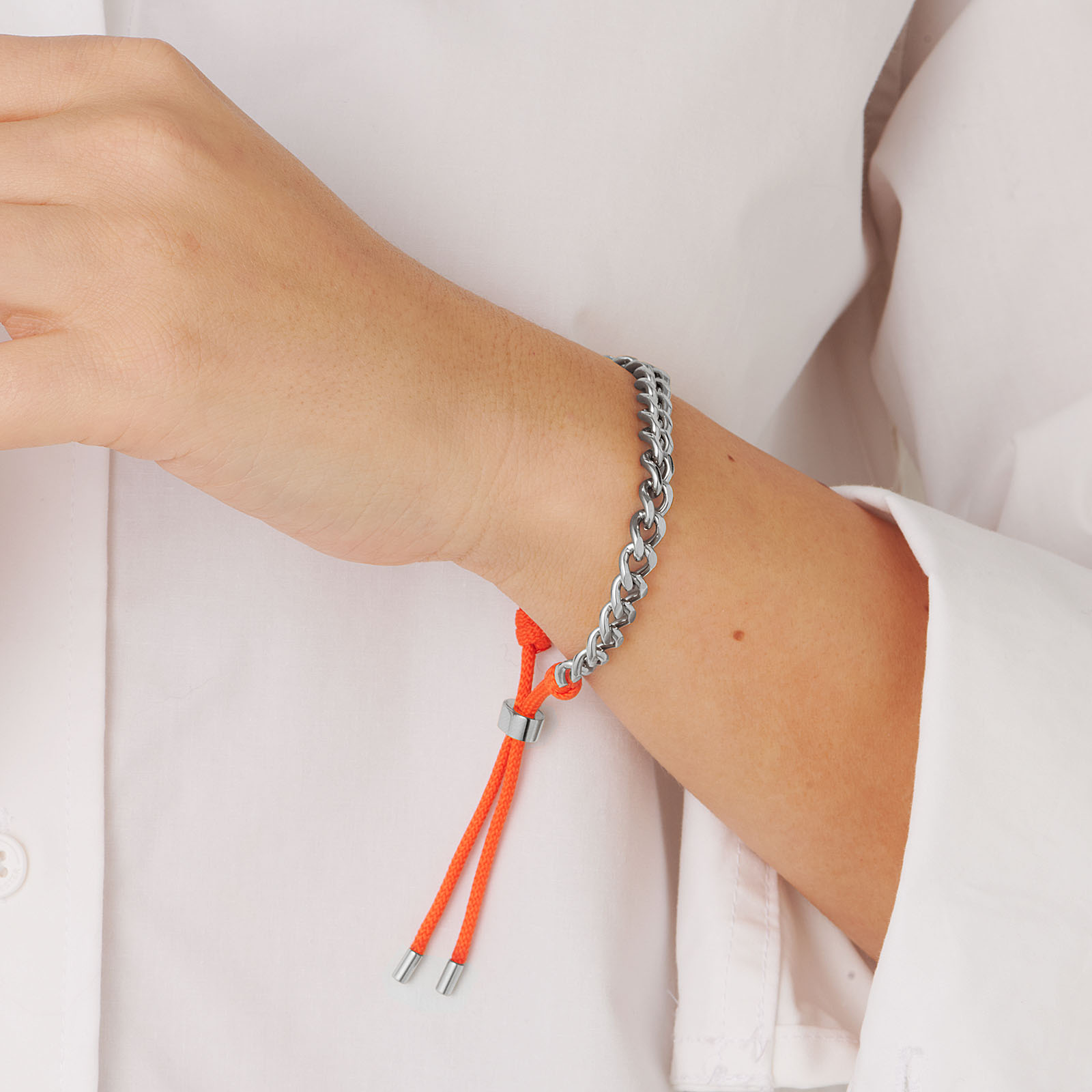 Armband i stål - 6mm pansar med justerbart orange tygrep