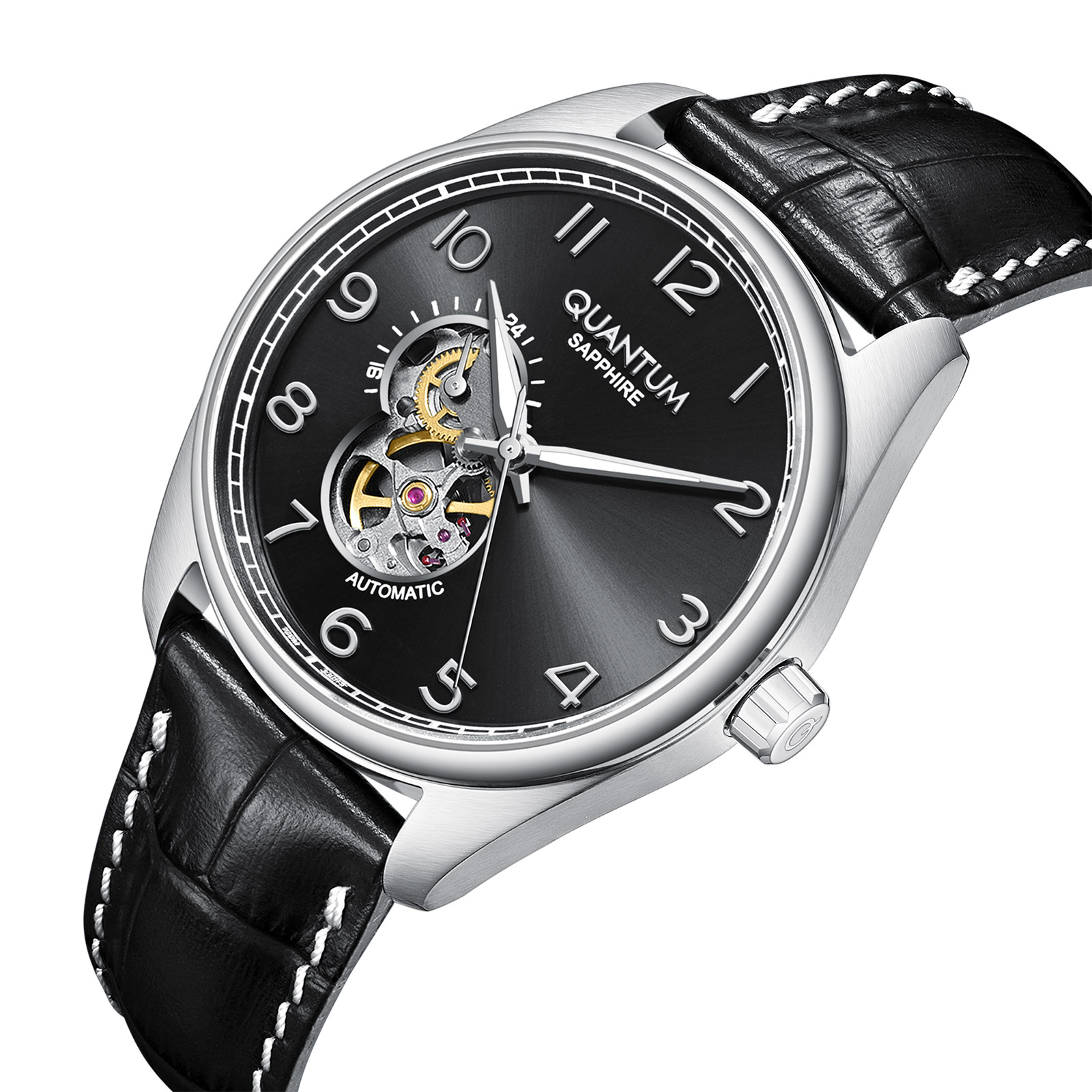 Quantum Automatic herr svart/stål, läderband - QMG1241.351