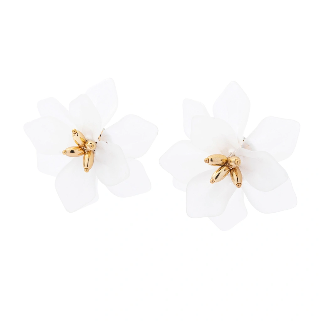 Örhängen, stora vita blommor med gulddetaljer - 5cm