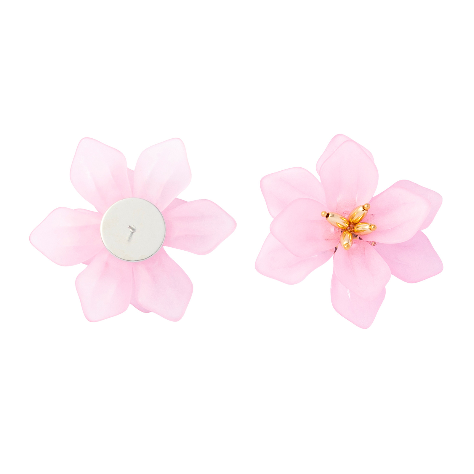 Örhängen, stora rosa blommor med gulddetaljer - 5cm