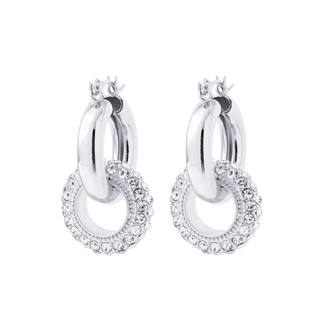 Silverfärgade örhängen, hängande cirklar med glasstenar - 3 cm