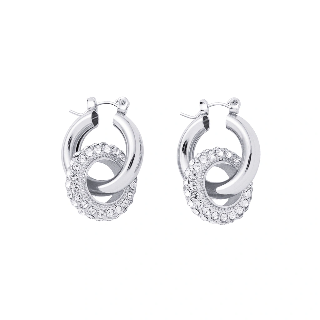 Silverfärgade örhängen, hängande cirklar med glasstenar - 3 cm