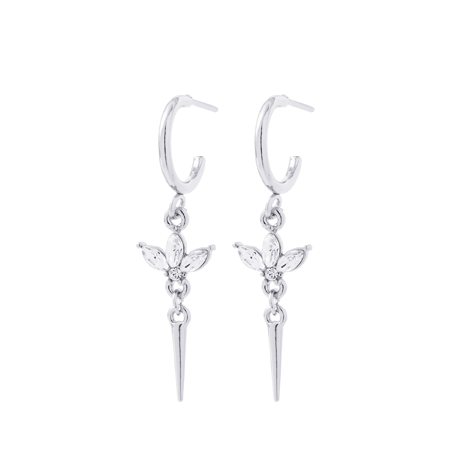 Silverfärgade örhängen, hängande blad och spik med glasstenar - 3cm