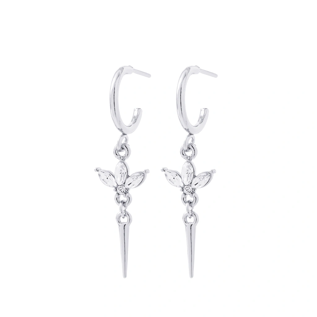 Silverfärgade örhängen, hängande blad och spik med glasstenar - 3cm