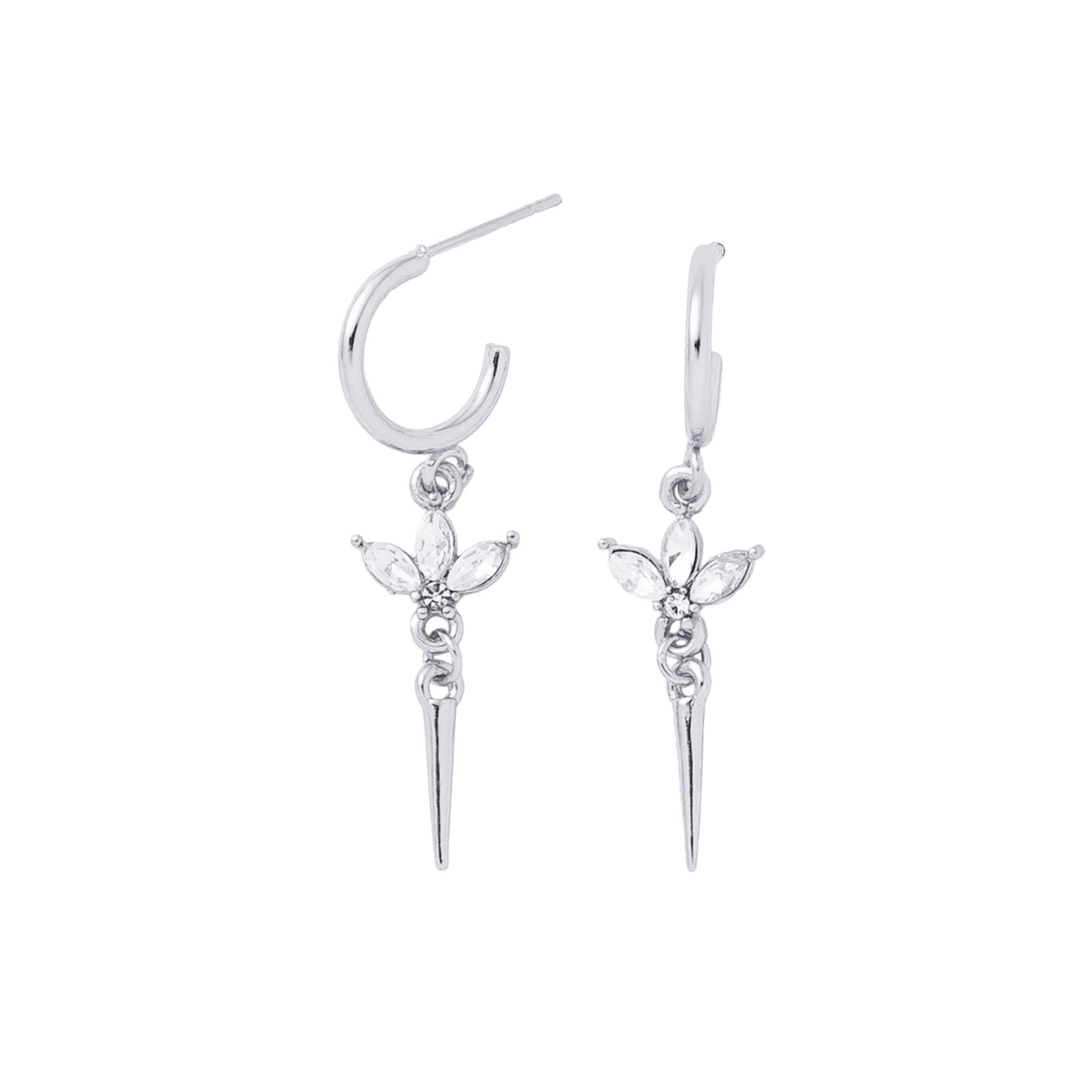 Silverfärgade örhängen, hängande blad och spik med glasstenar - 3cm