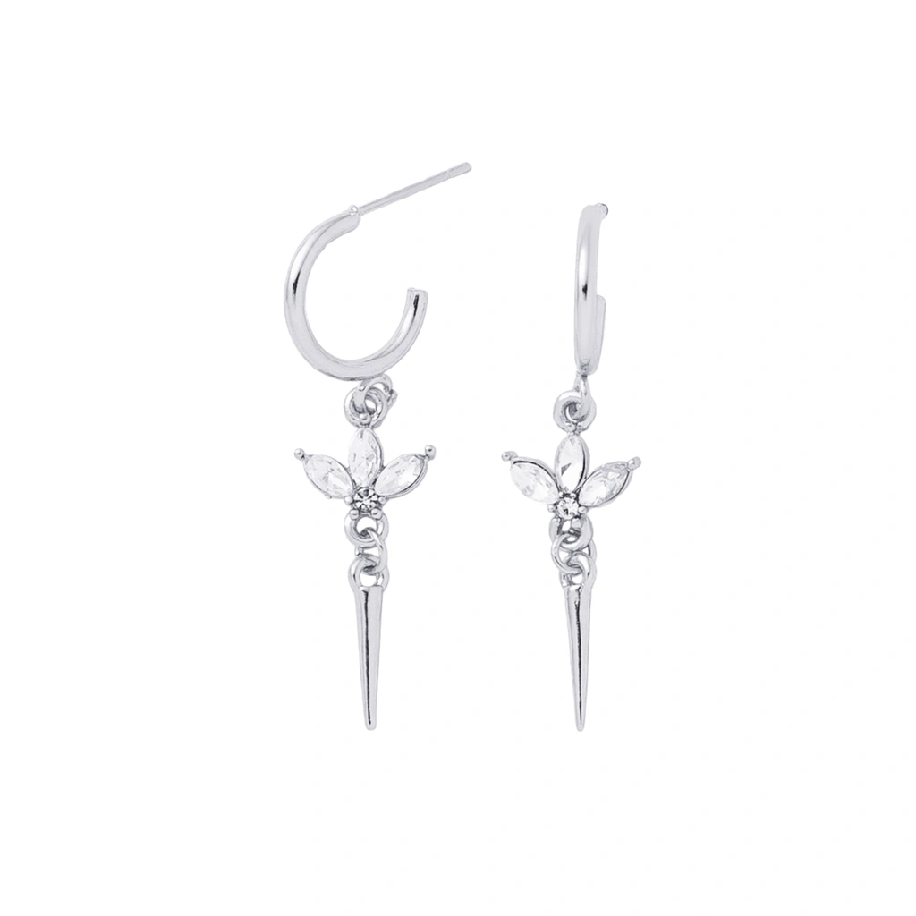 Silverfärgade örhängen, hängande blad och spik med glasstenar - 3cm