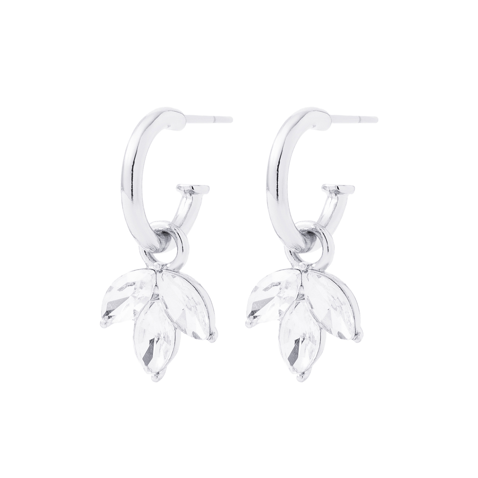Silverfärgade örhängen, hängande blad med glasstenar - 2,5 cm