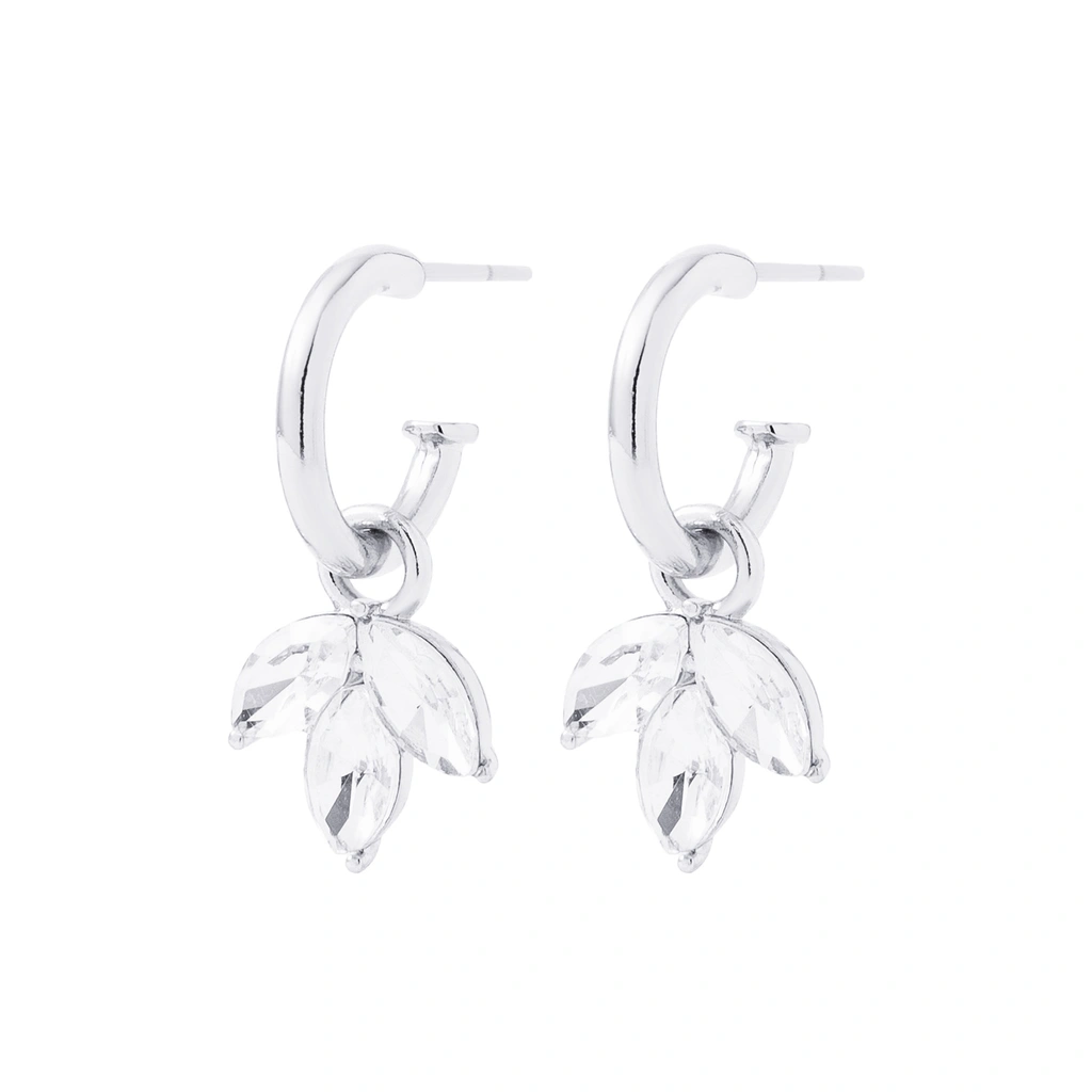 Silverfärgade örhängen, hängande blad med glasstenar - 2,5 cm
