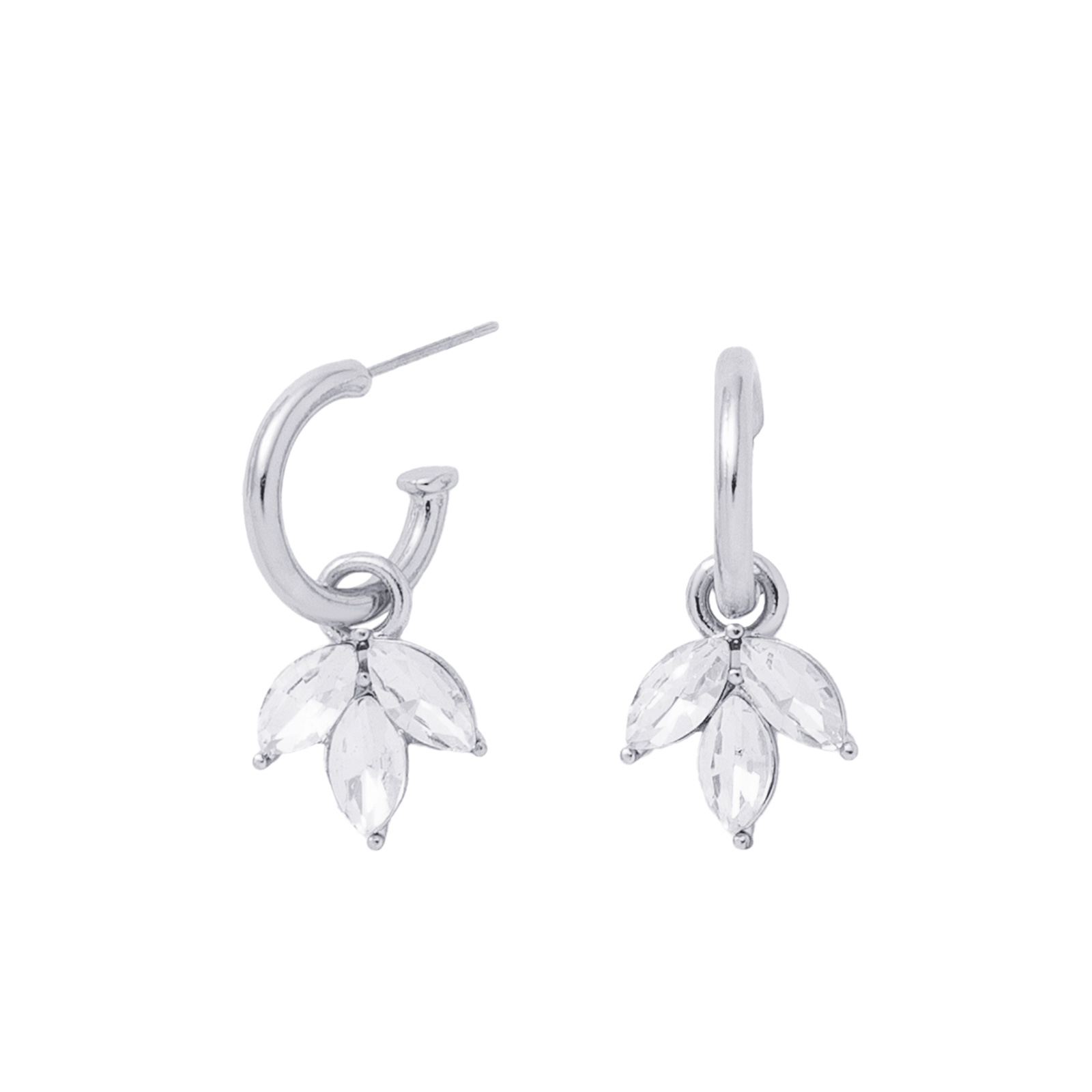 Silverfärgade örhängen, hängande blad med glasstenar - 2,5 cm