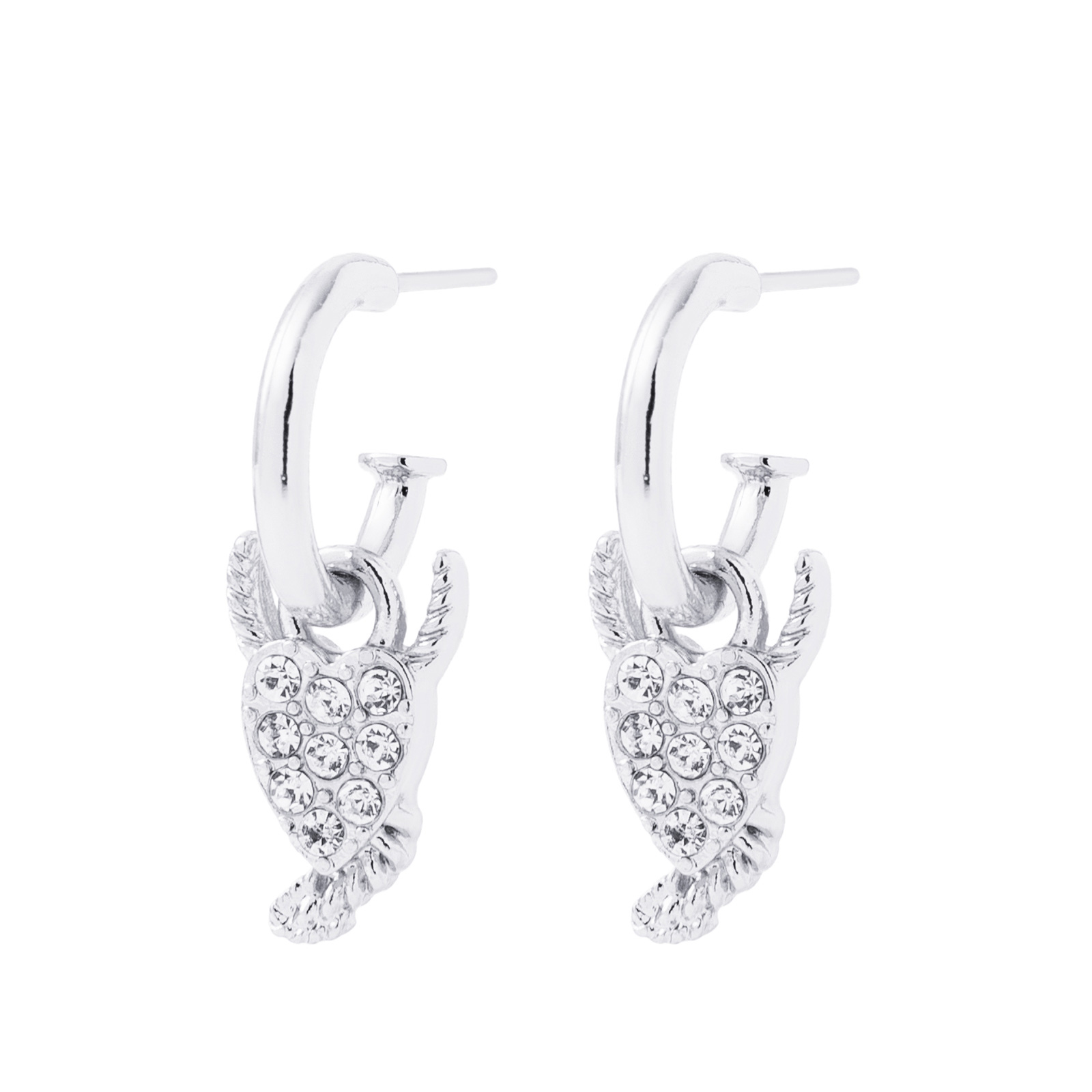 Silverfärgade örhängen, hängande hjärta med horn och glasstenar - 3 cm