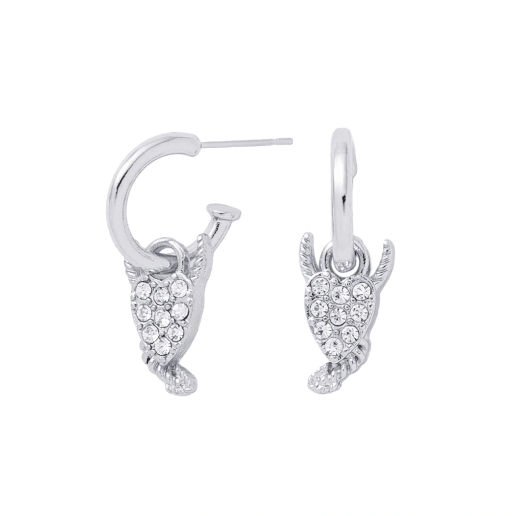 Silverfärgade örhängen, hängande hjärta med horn och glasstenar - 3 cm