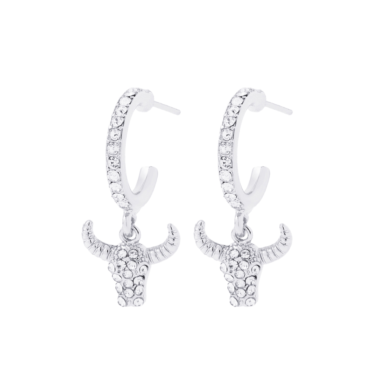 Silverfärgade örhängen, tjurskalle med glasstenar - 2cm