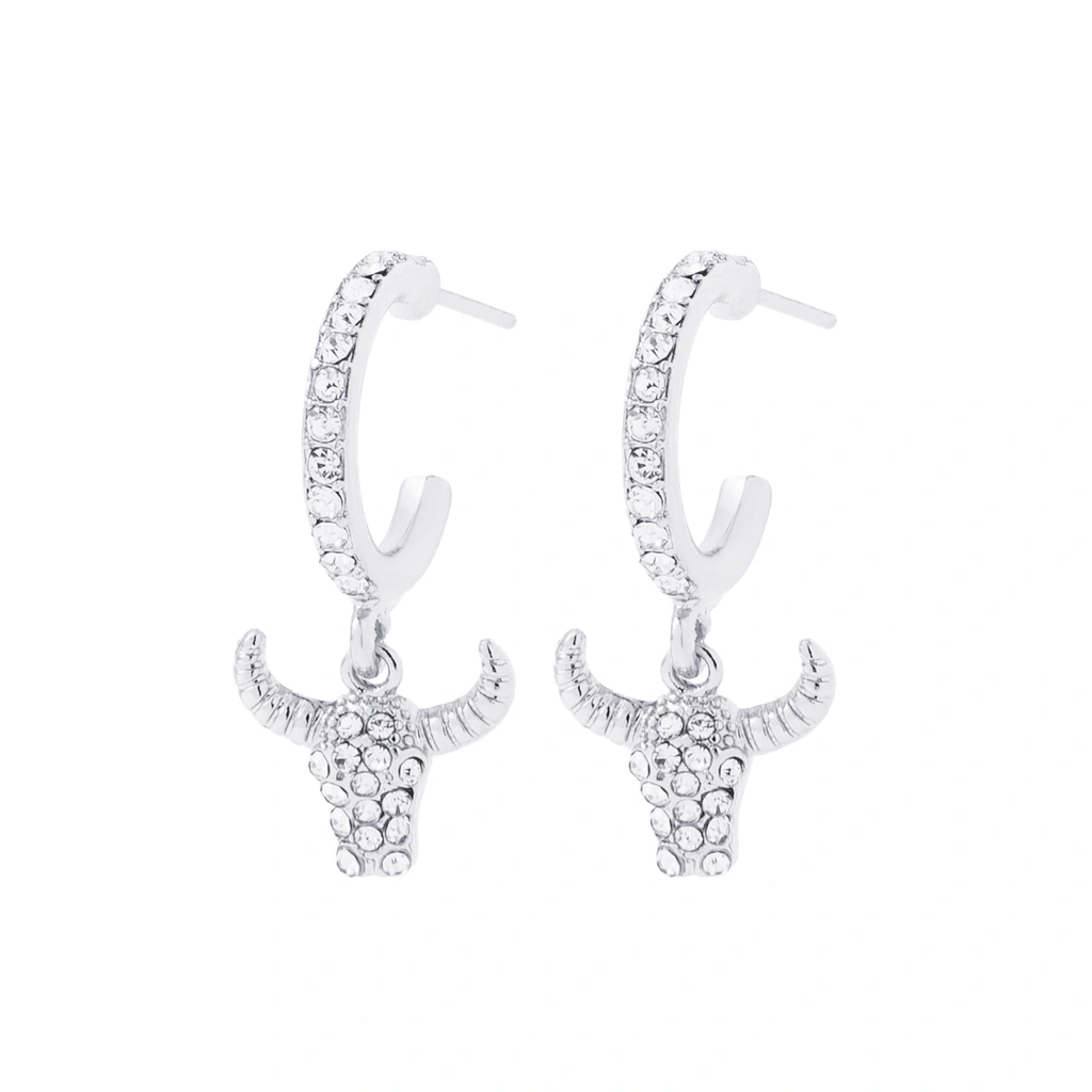 Silverfärgade örhängen, tjurskalle med glasstenar - 2cm