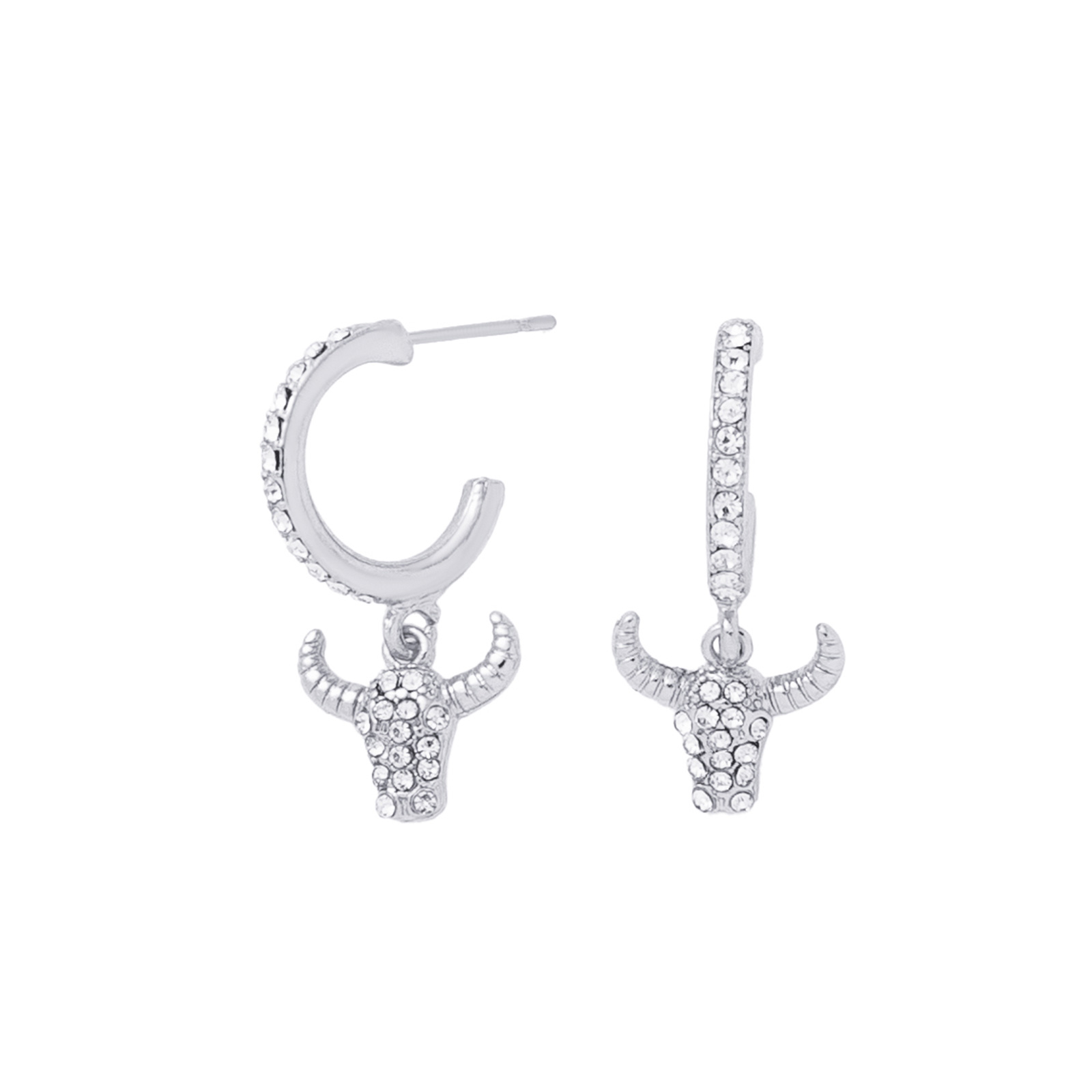 Silverfärgade örhängen, tjurskalle med glasstenar - 2cm