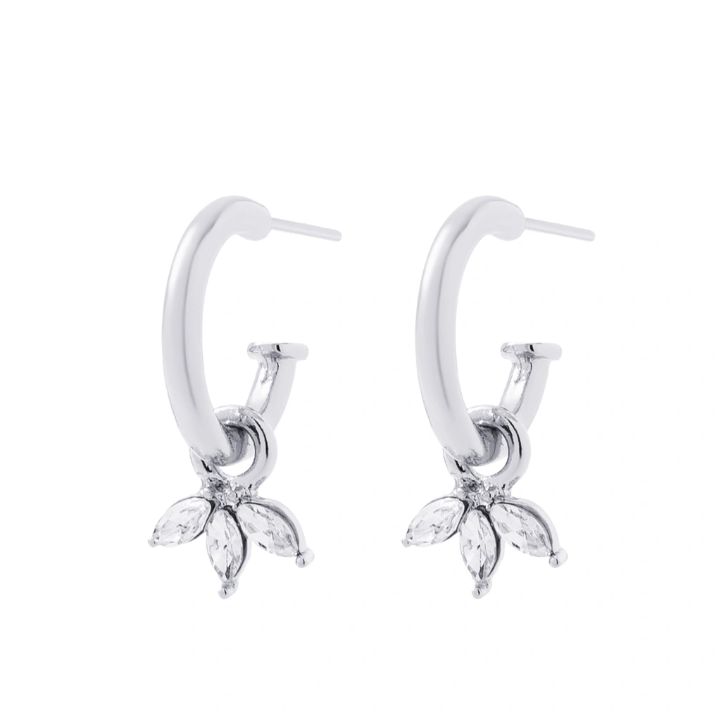 Silverfärgade örhängen, hängande blad av glasstenar - 2 cm