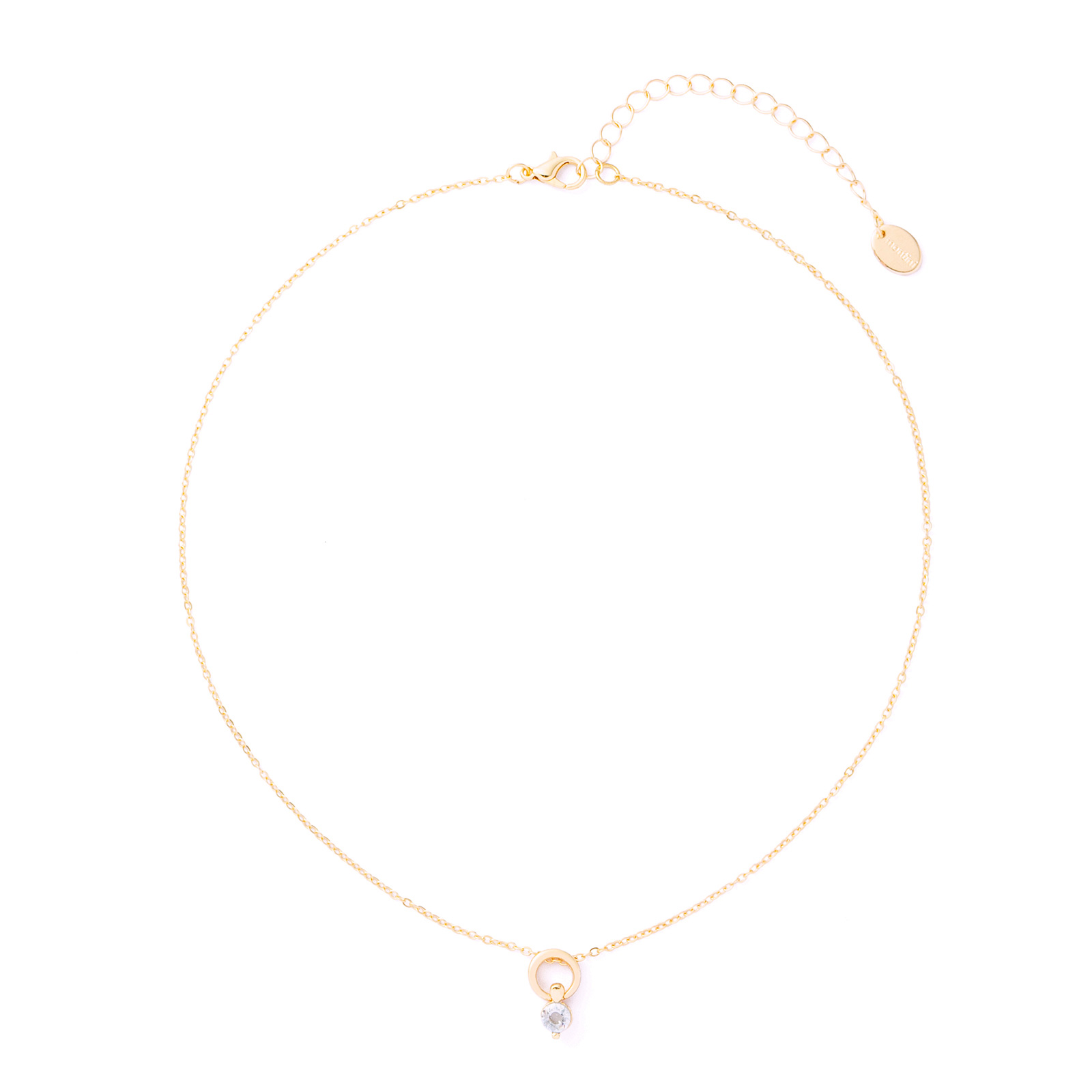 Guldfärgat halsband, cirkel med hängande kristall – 42+7 cm